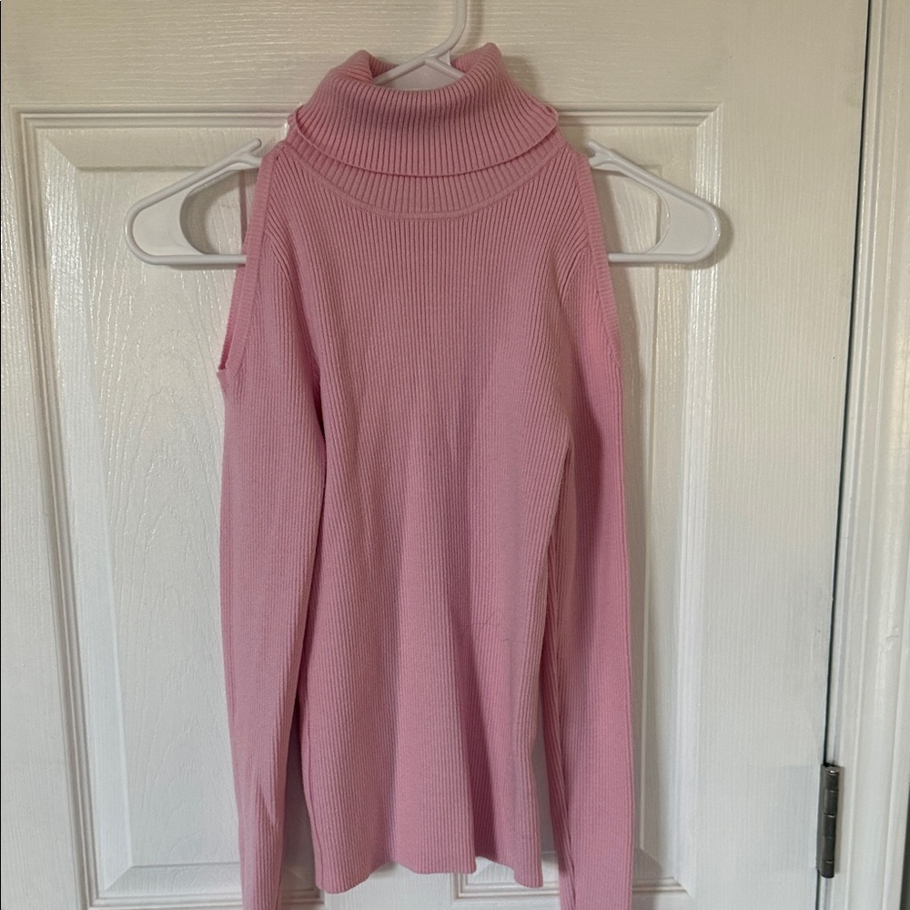 SHEIN Soft Pink Turtle Neck Open Shoulder Sweater